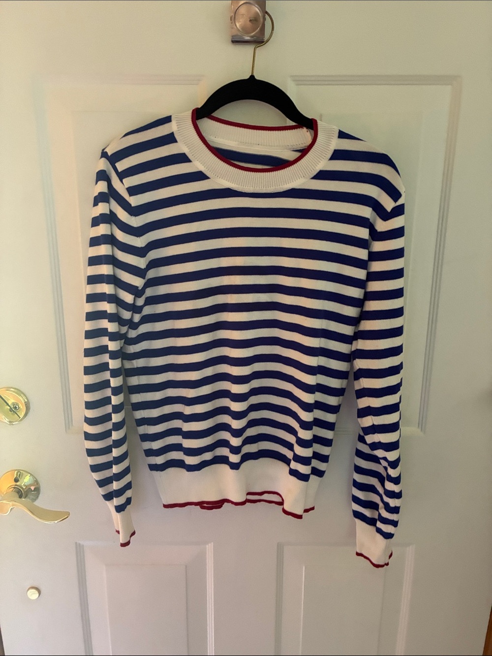 Women's Blue and White Striped Crewneck Sweater with Red Trim